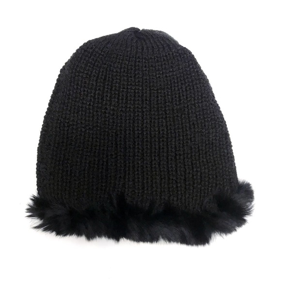 NWT Reversible Knit Beanie Genuine Fur Hat in Solid Black Overstock MSRP $68 - Picture 5 of 7